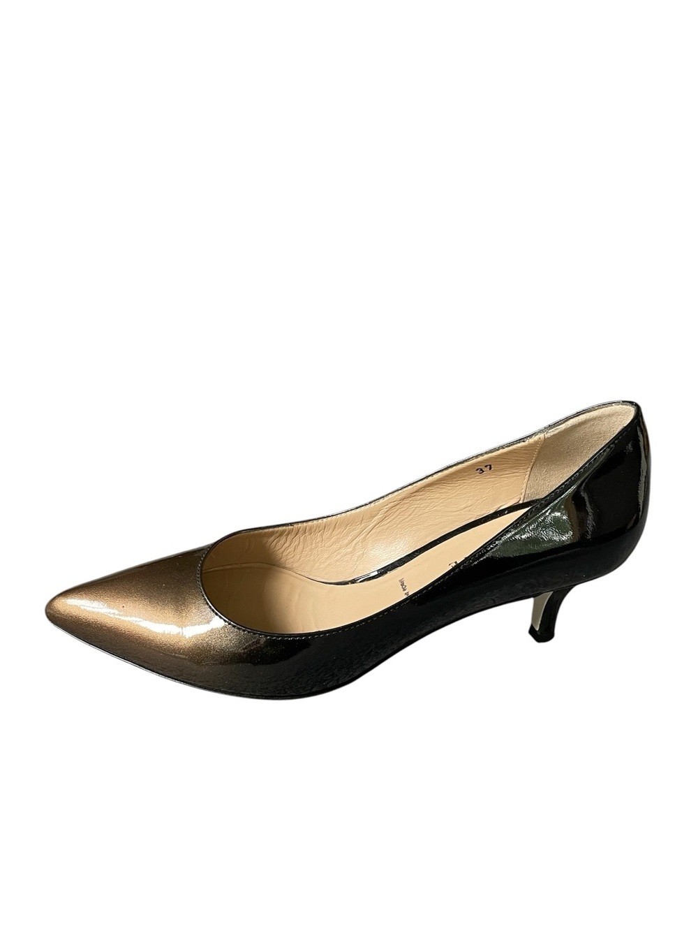 RON WHITE Patent Pointed-Toe Kitten Heel Pump in Black and Bronze 37